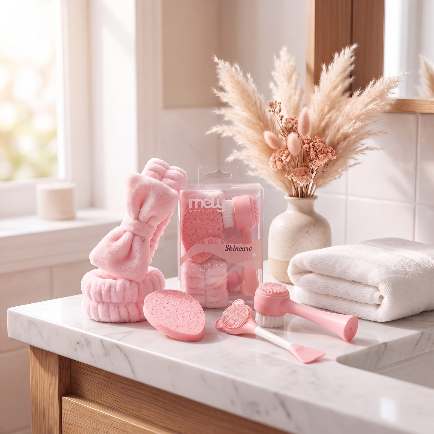 Set Skincare Rosa – Vincha, Muñequeras y Cepillos Faciales (6 Piezas)