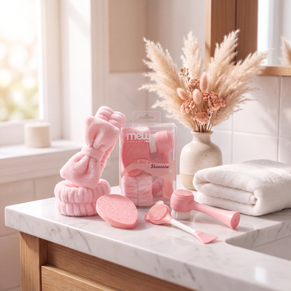 Set Skincare Rosa – Vincha, Muñequeras y Cepillos Faciales (6 Piezas)