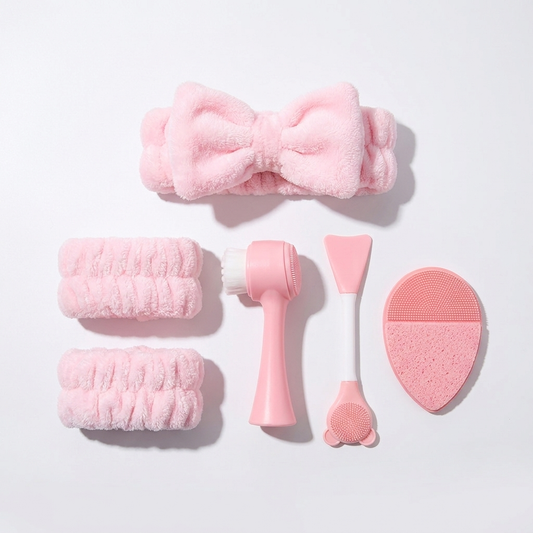 Set Skincare Rosa – Vincha, Muñequeras y Cepillos Faciales (6 Piezas)